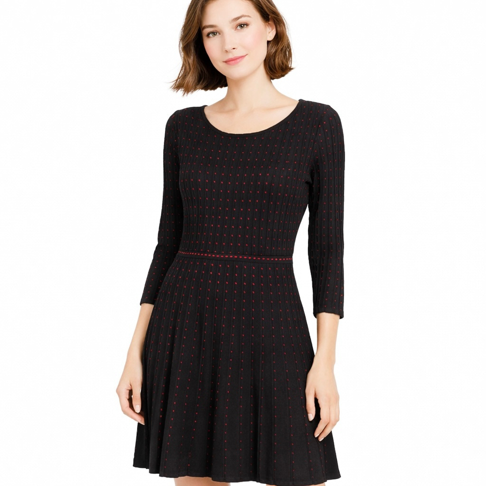 Women's NINA LEONARD Black Red Polka Dot Long Sleeve Sweater PleatDress M